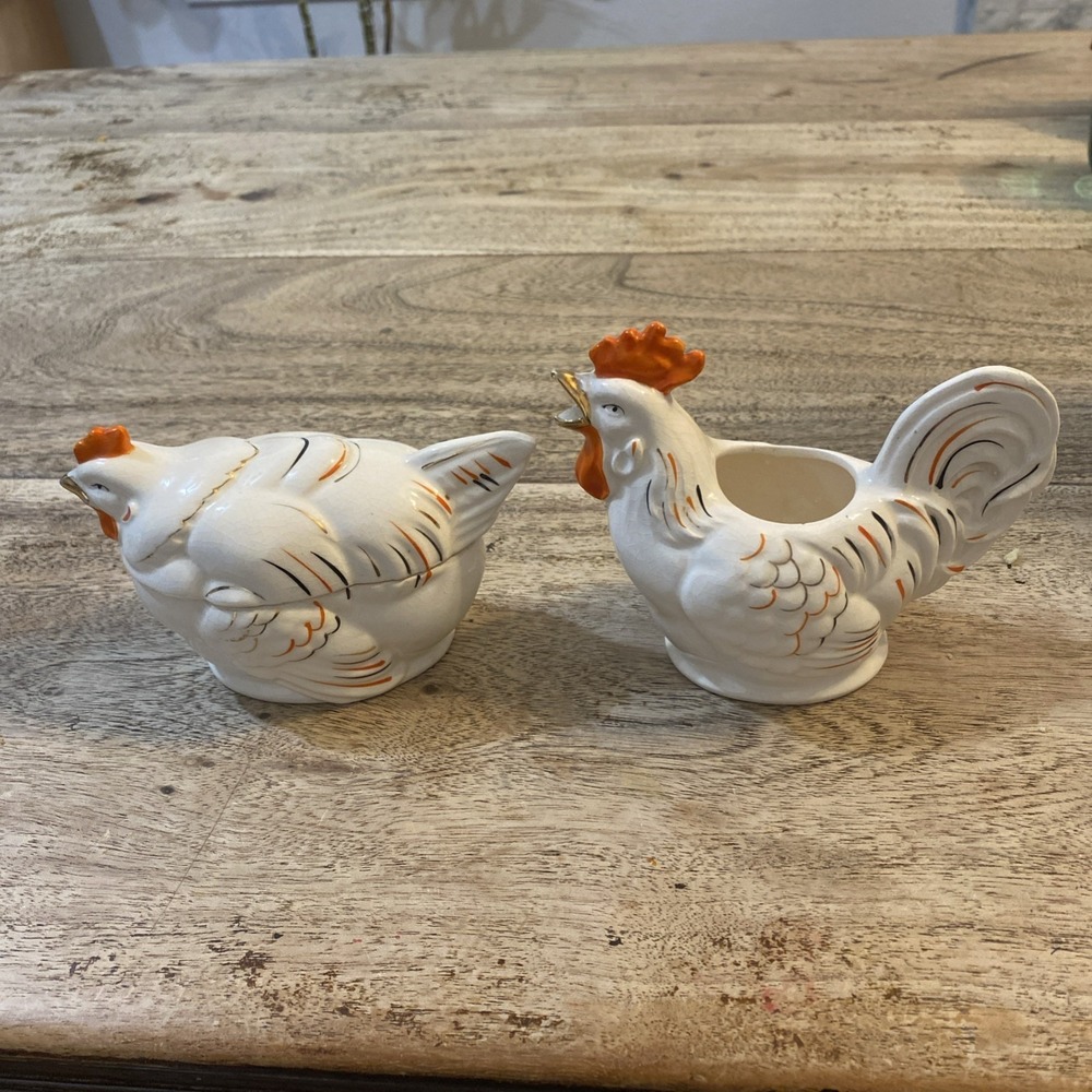 Unique Ceramic Rooster Chicken Orange Red White Gold Sugar Creamer Set VTG